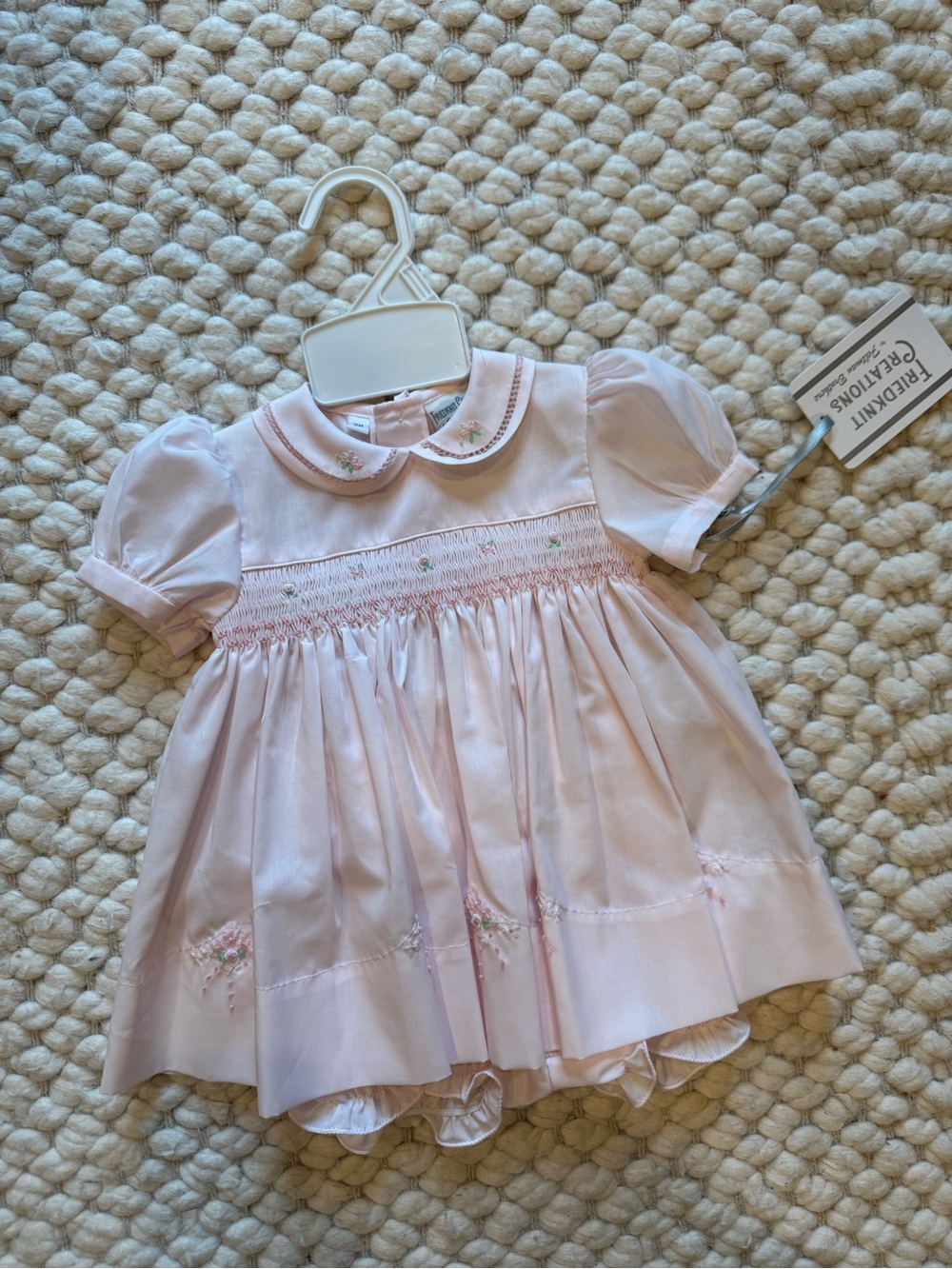 Smocked Light Pink Baby Dress with Floral Embroidery